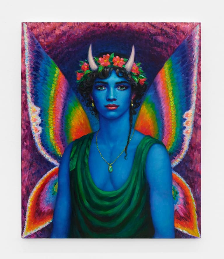 A painting ofa blue fairy with rainbow