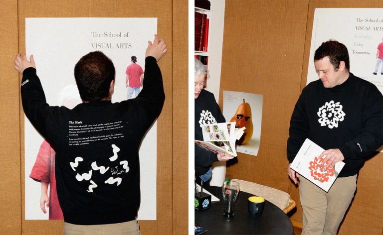 Two images of a man wearing a black sweater with the SVA logo in white