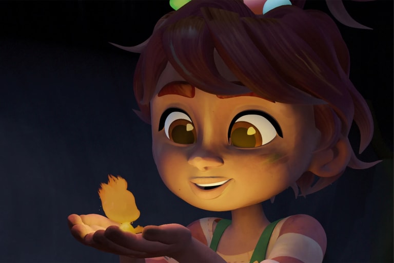 An animated movie still of a young girl holding a small fire person in her hands
