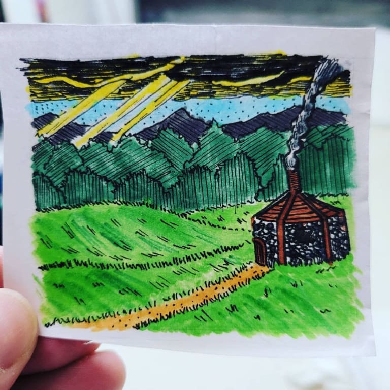 Sketch of a hut with a smoking chimney in a lush green field. Trees and mountains tower in the distance and lightning strikes the trees from dark clouds in the sky