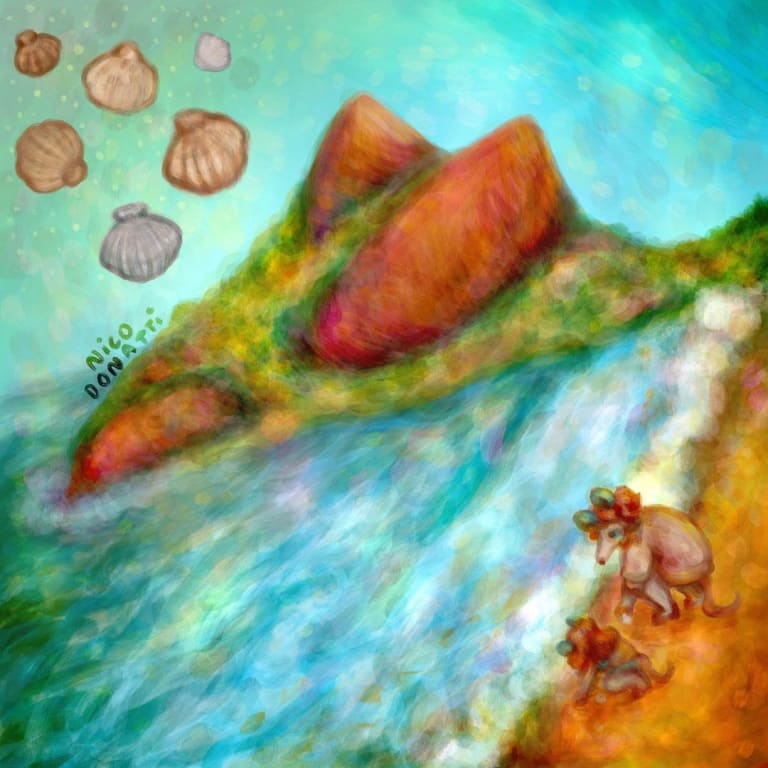 A blurry painting of a beach. In focus are two humanized mice on the beach and some clam shells dangling in the sky