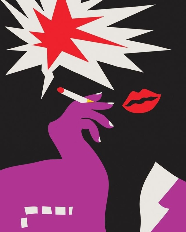 An illustration showing a mouth, a hand holding a lit cigarette and a stylized explosion.