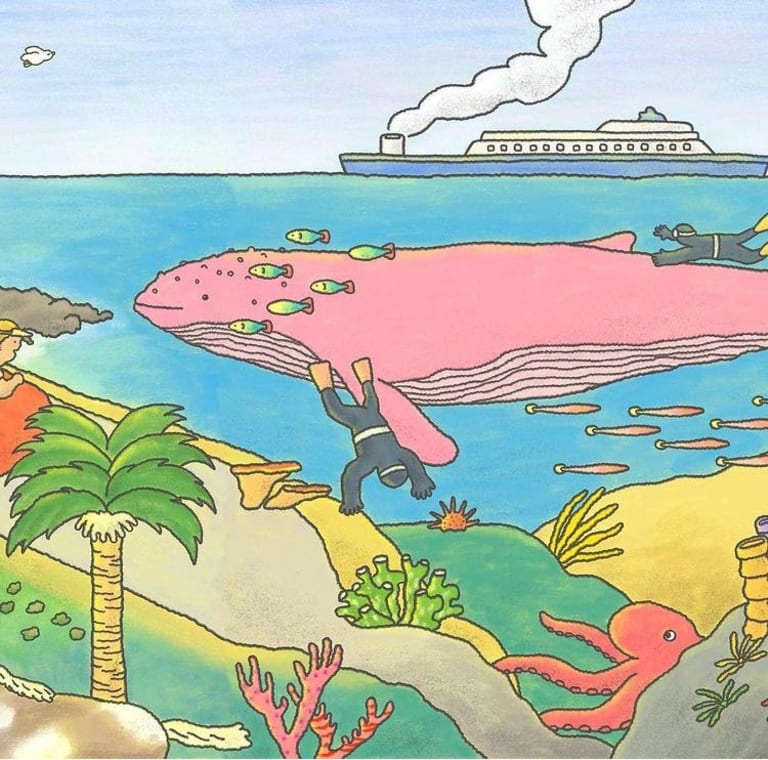 A cartoon-like drawing of a seashore.