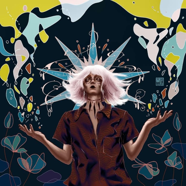 Illustration of a female-presenting person with pink hair standing in a meditative stance. she is surrounded by abstract shapes.