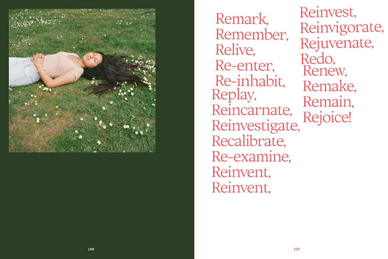 Left: a photo of a woman laying in the grass against a green background. Right: a list of words beginning with "re" in red font.