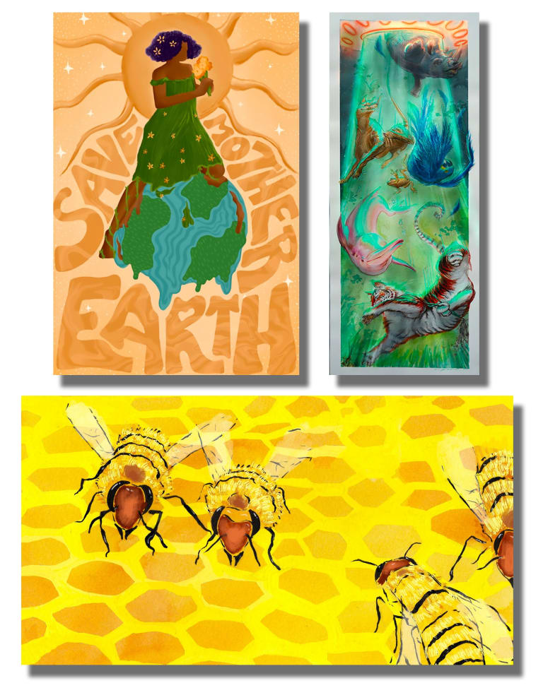Three pieces of artwork from VASA’s Reshape SVA Online Exhibition: 1. woman in green dress sitting on earth, both melting surrounded by melting “save mother earth” text with sun at top; 2. Six different animals pulled into an alien spaceship illustrated in Watercolor and colored Pencils. 3. 4 bees on top of a honeycomb
