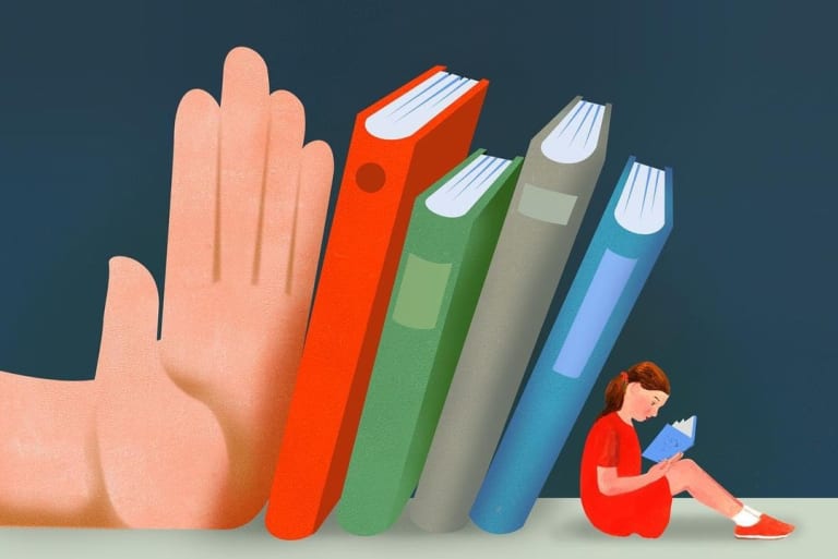 An illustration featuring a large hand pushing a row of books against a seated person who is reading a book.