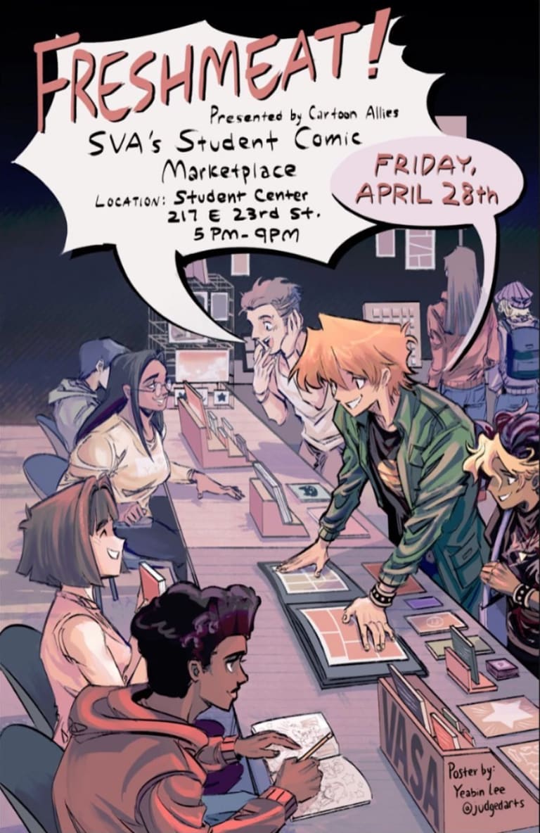 An anime-style event poster with a group of young people standing around or sitting at comics booths. Above them are speech bubbles with event details in them including the title "Freshmeat!" and the date "Friday, April 28"
