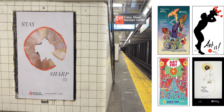 A subway station poster with an illustration of a pencil shaving and the words “Stay Sharp (left); Four different posters made by SVA Faculty over the years.