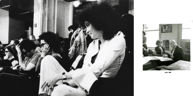 An archival picture of students listening to a lecture (left); Two people observing a drawing at a desk.