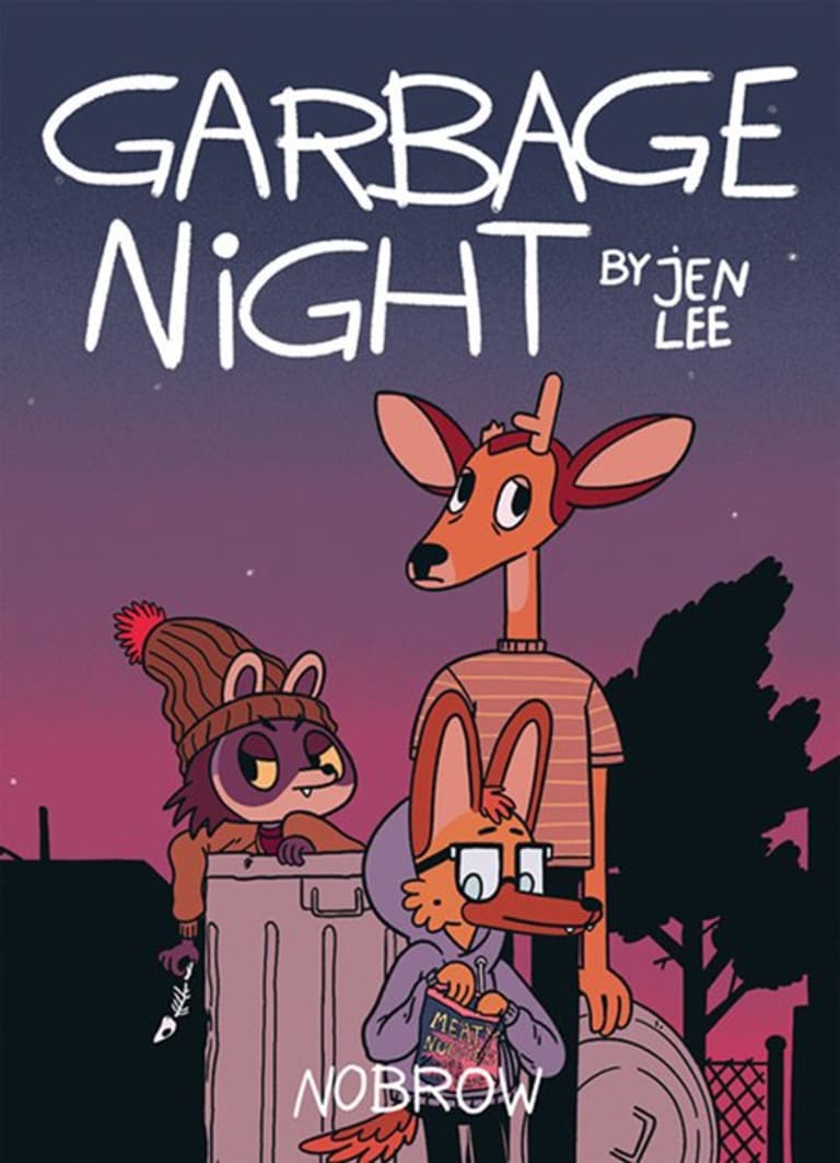 A cartoon deer with one antler and a striped shirt. Another animal in a trashcan with a hat and holding a fish skeleton. A third animal with a hoodie. Titles Garbage Night by Jen Lee. The bottom says Nobrow.