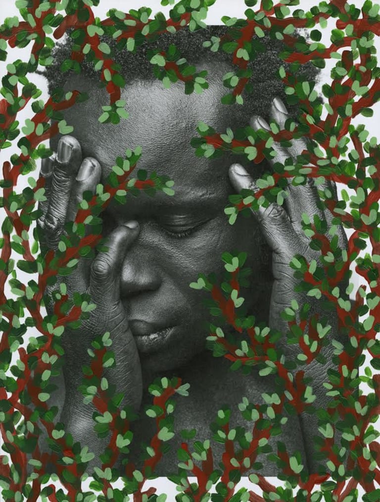 Artwork of African american woman with head resting in hand with overlay of painted branches and leaves.