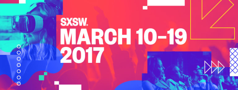 A poster for SXSW 2017 with a woman in virtual reality gear and a group listening intently.