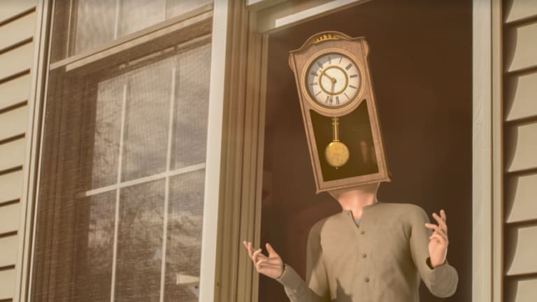 A man with a grandfather clock for a head looks out an open window
