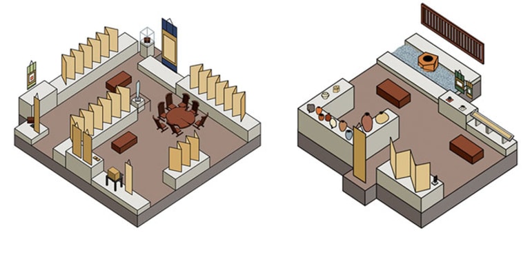 an artist's rendering of a pair of rooms in a museum or art gallery