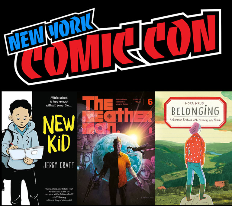 A collage featuring the logo of New York Comic Con and three illustrated book covers.
