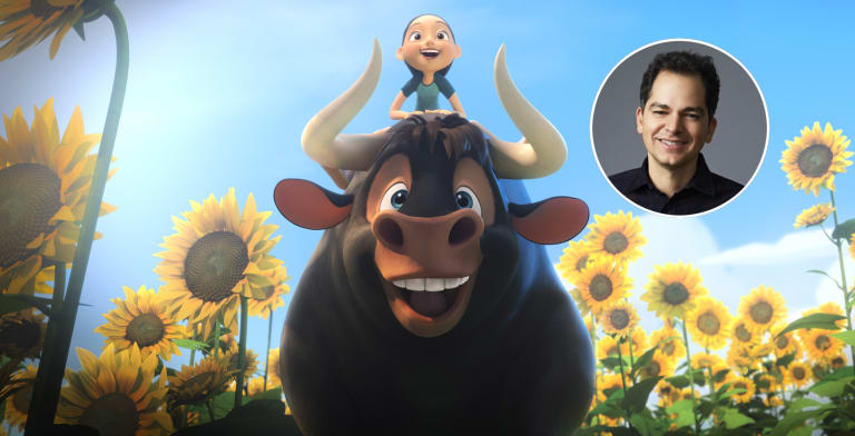 A screencap of the film Fernidad, showing the bull and the boy on top of it.
