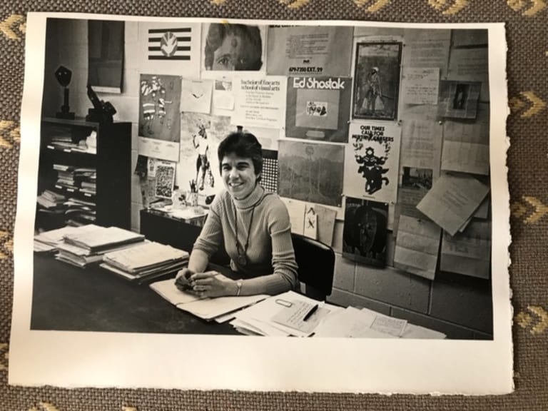 Former SVA Dean of the School Abby Kreh at her desk, circa late 1960s/early ’70s. Courtesy Abby Kreh.
