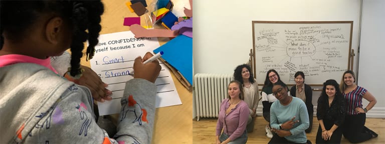 From left: An image of a child doing a work sheet activity, and an image of seven people seated on the floor in front of a dry erase board, courtesy of Art Education.
