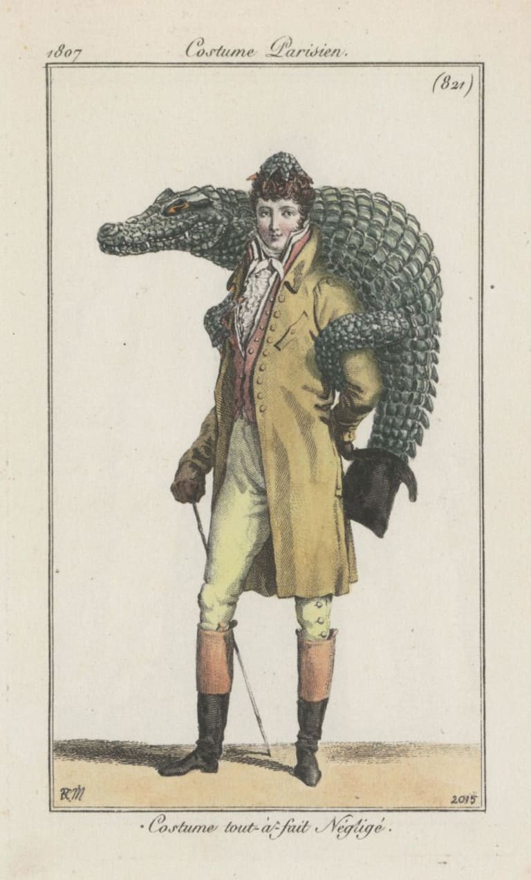 A drawing of a guy carrying an alligator