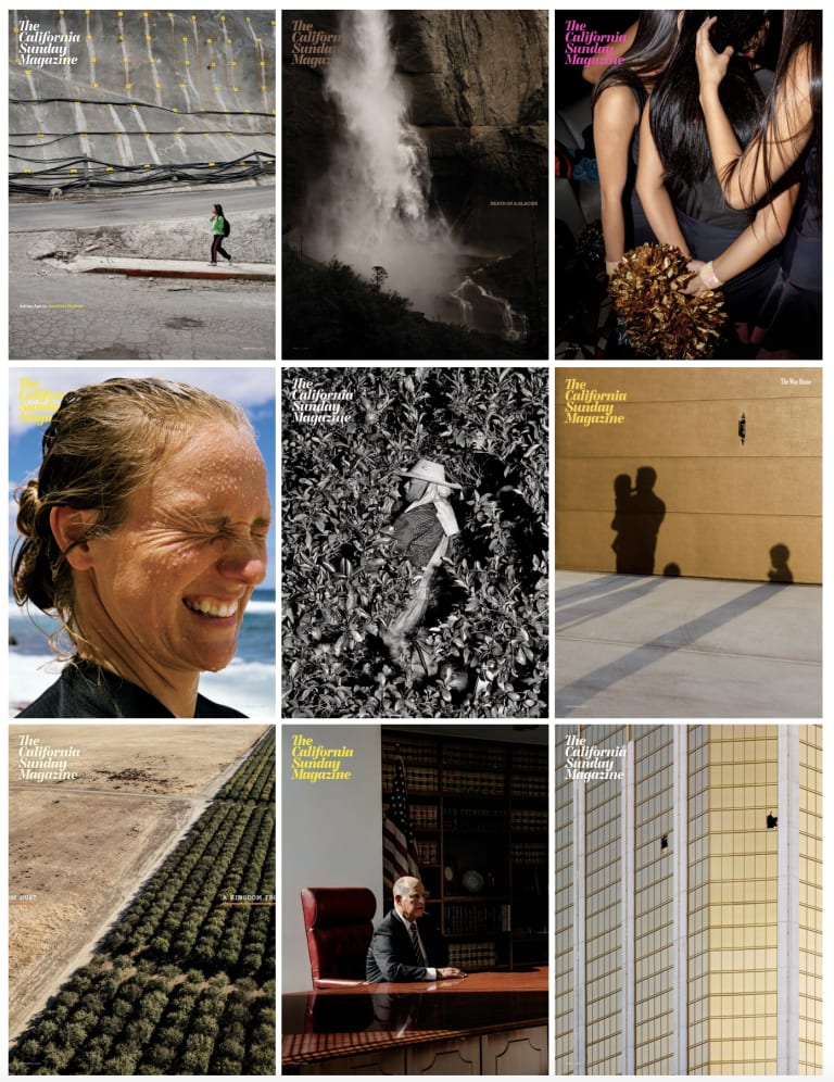 <p "="">A grid layout of nine magazine covers, each featuring a full-page photograph and minimal text.
