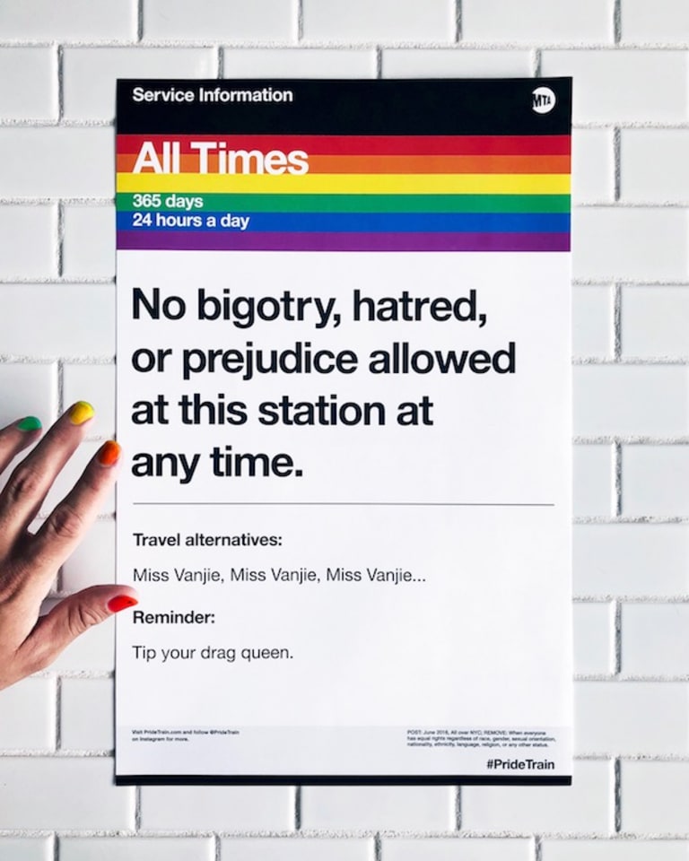 "No bigotry, hatred or prejudice allowed at this station at any time." A photo of a Pride Train poster.

