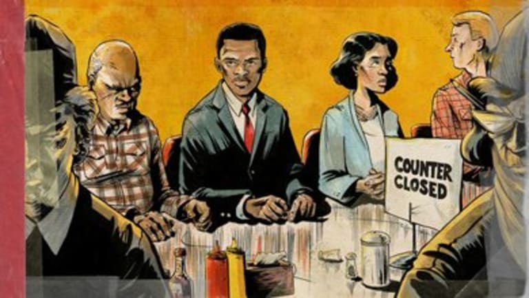 An illustration of a three black people sitting at a counter with the sign "counter closed" placed on top.