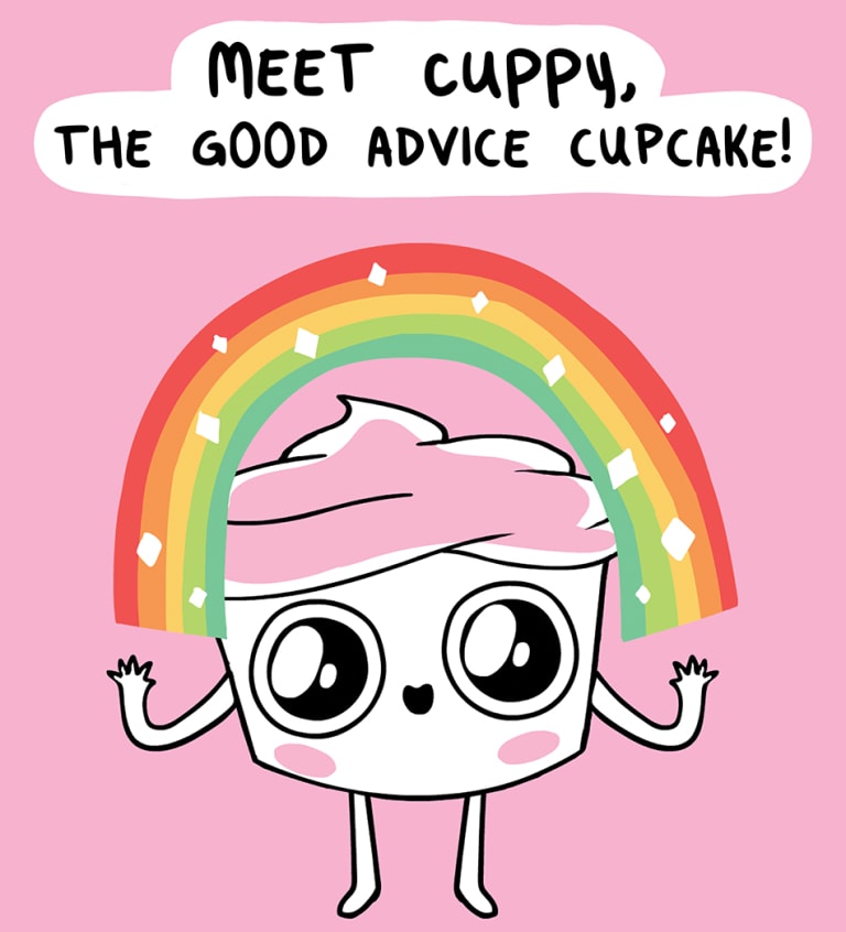 A cartoon of a cupcake with a sparking rainbow arcing over it.