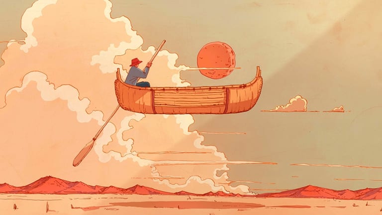 A man paddles a boat through the orangish sky with a moon in the background.