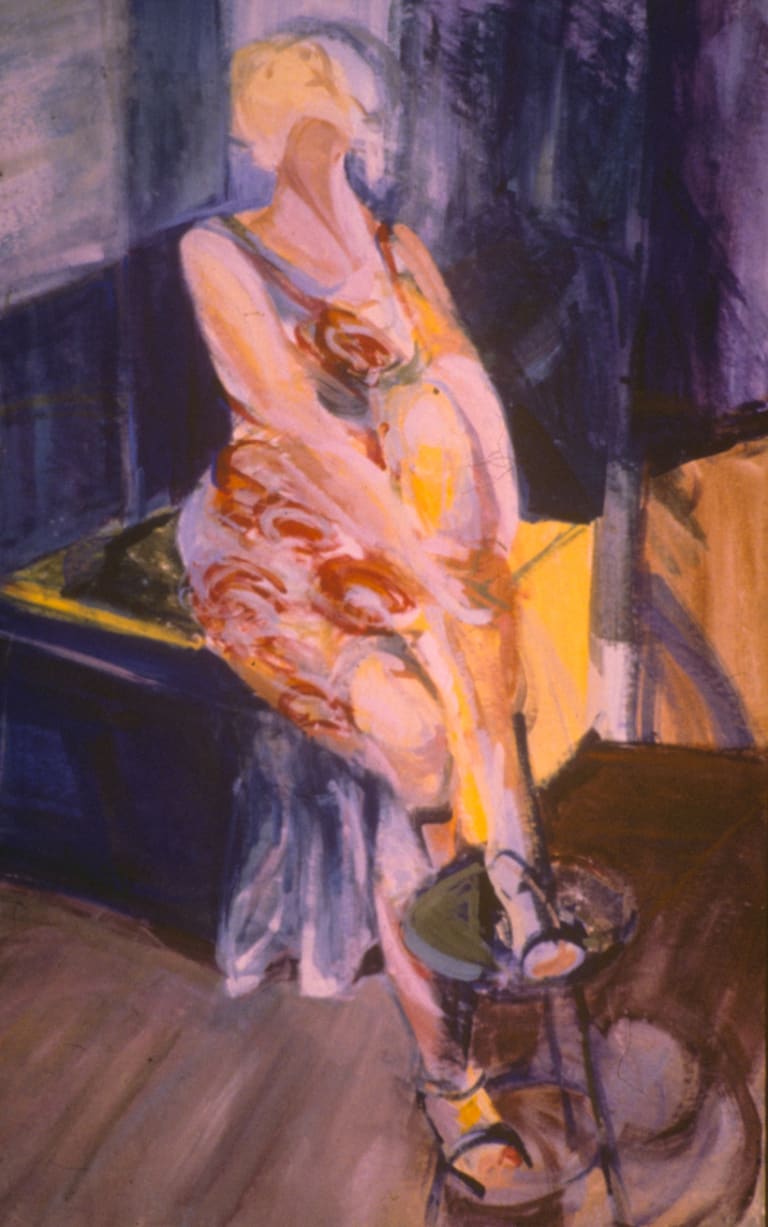 Modern art of a women sitting down with her leg raised on stool.