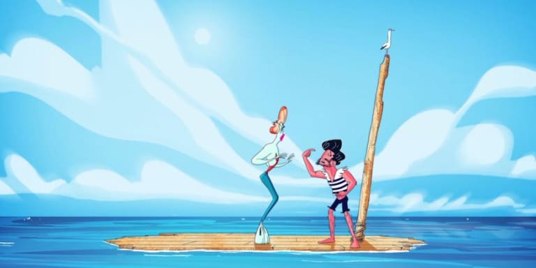 A painting of man explaining something to a mermaid on a wooden raft.