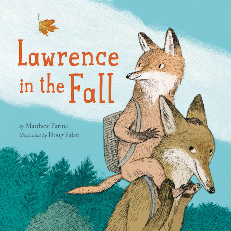 <p "="">The cover of a children's book, featuring a color illustration of a child fox being carried on an adult fox's shoulders as they walk through a wooded area.
