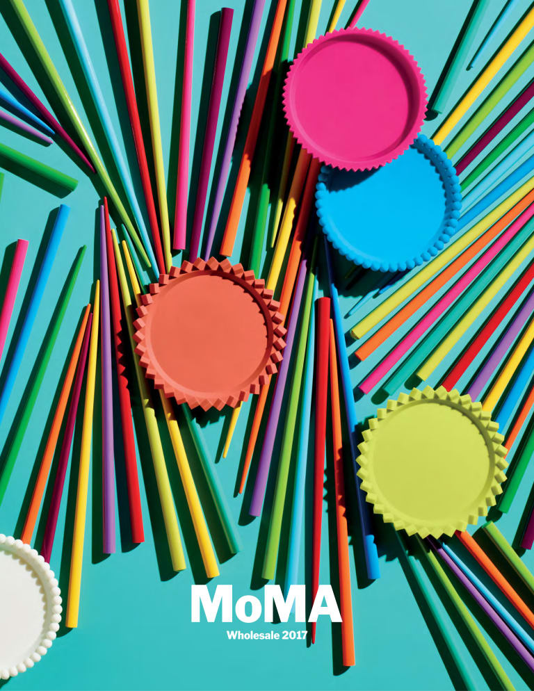 MOMA Wholesale 2017 poster with brightly colored sticks and round shapes on a cyan background.