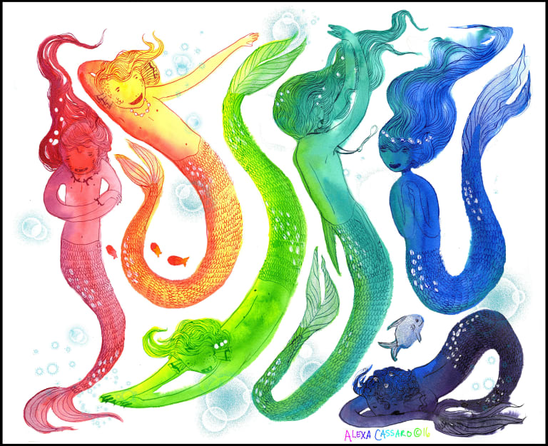 <p "="">An ink and watercolor drawing of six differently colored mermaids.
