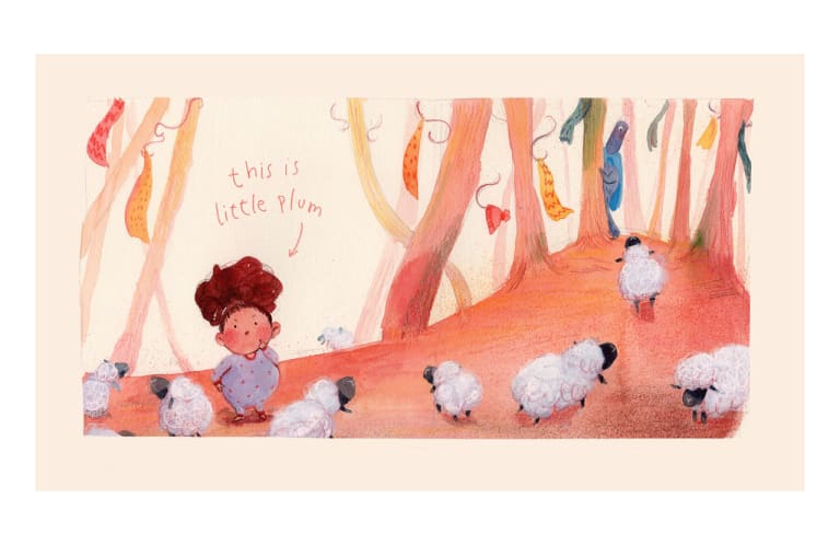 <p "="">A color illustration of a girl standing in a fantastical woods and surrounded by lambs.
