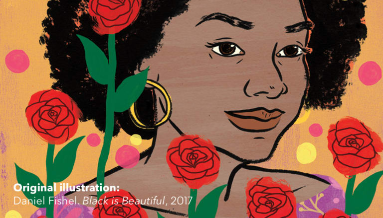 A smiling young black woman surrounded by rose