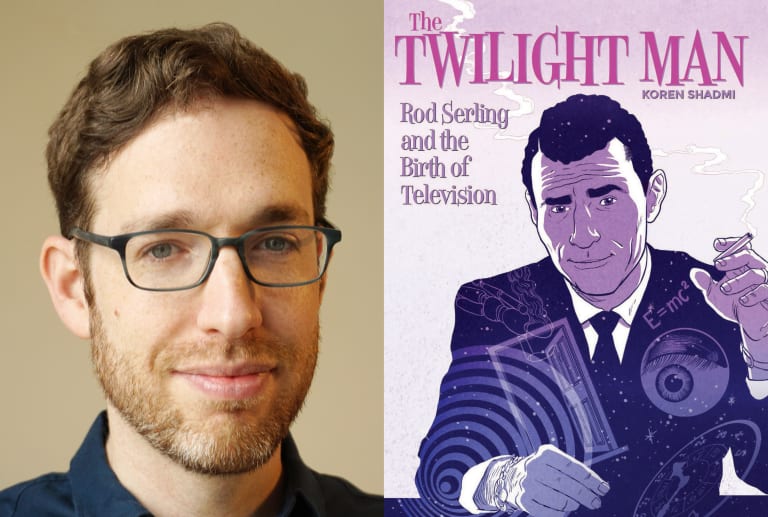 From left: Koren Shadmi. Cover of The Twilight Man: Rod Serling and the Birth of Television by Koren Shadmi. Image by.../ Courtesy of Superfan Promotions LLC.
