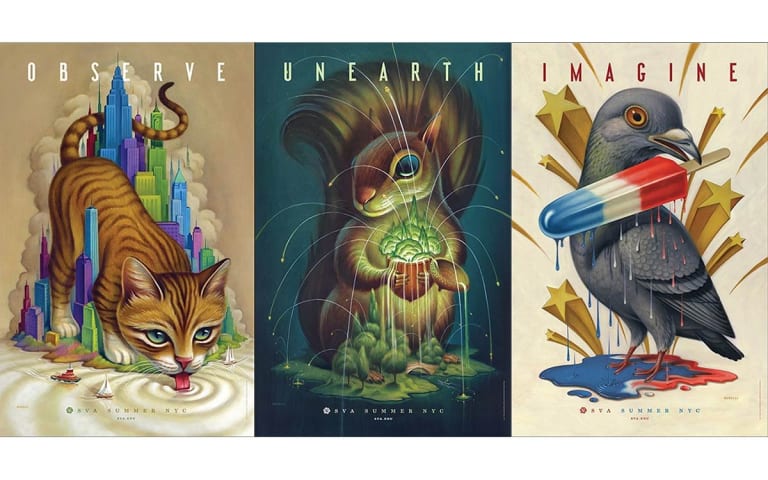Chris Buzelli's three SVA Subway Series posters, featuring a larger-than-life cat, squirrel and pigeon, with text overlay saying "Observe," "Unearth," and "Imagine."
