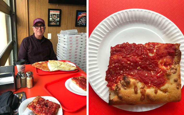 <p "="">Left: Paul Giannone sits at a table that has 5 slices of pizza on it. Right: a square slice of pizza.
