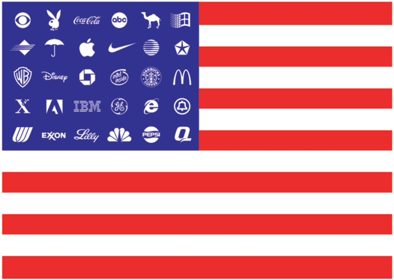 A flag resembling the US flag with business logos rather than stars.