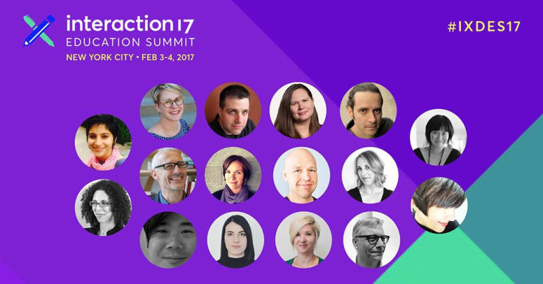This is headshots of sixteen featured attendees at the Interaction17 Education Summit amongst a geographic purple and teal background.