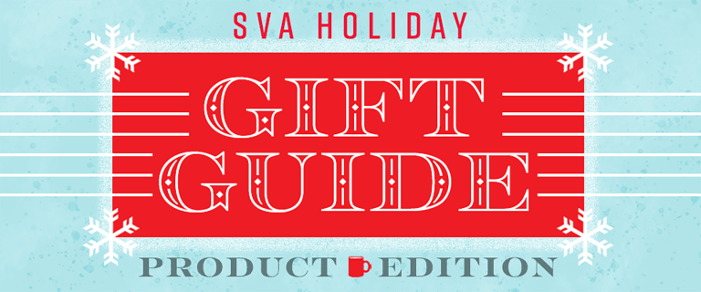 SVA holiday gift guide price edition graphic logo with snowflakes and coffee mug.