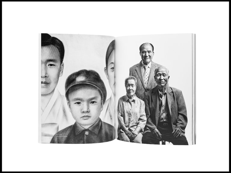 <p "="">An open book, showing a black-and-white illustration of two adults and one child on the left page and a black-and-white photograph of three adults on the right page.

