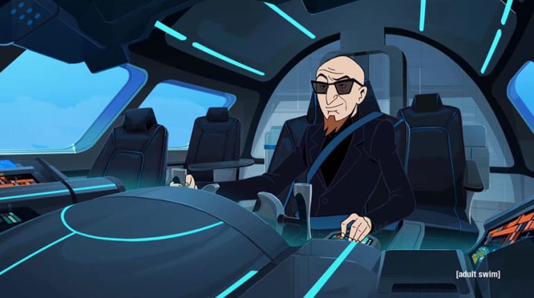 A scene from a cartoon show on adult swim where a guy is piloting a spaceship.