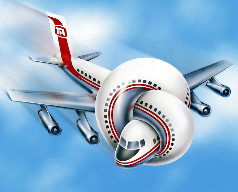 Graphic of TA white and silver airplane with red stripes and front of plane is twisted.