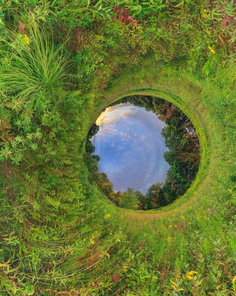 a 360 degree panoramic photo of a meadow in upstate New York taken near sunset. The perspective of the scene has been transformed so that the horizon appears as a circle to the right and very slightly below the center of the image.