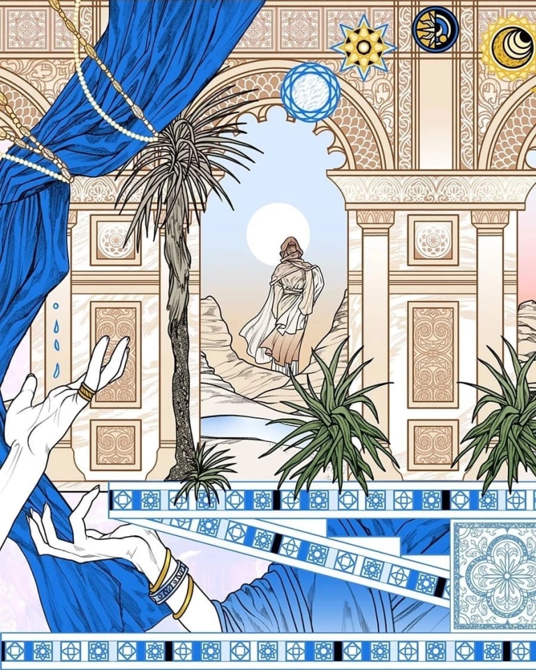 A still frame from a motion video revealing a delicately drawn image where various scenes and elements are juxtaposed together. The predominant colors of orange and blue creating a visually dynamic composition, drawing attention on the intricate details. 