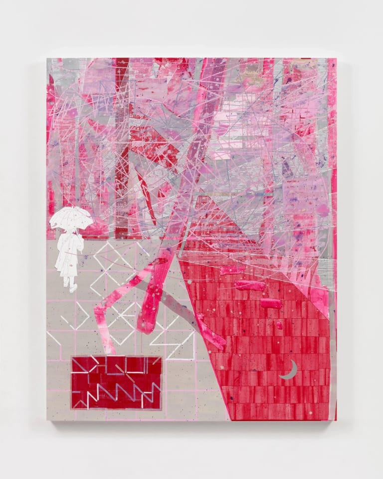 Painting by Chie Fueki, entitled Petal Storm (Okasan) from 2023. Made with acrylic and colored pencil on mulberry paper mounted on wood. 60 x 48 inches. It is an abstract painting with silver background, a red rectangle in the bottom left corner, a swathe of sheer red going from the top left to bottom right, and a small white figure with a raincoat and umbrella in the middle left of the painting.