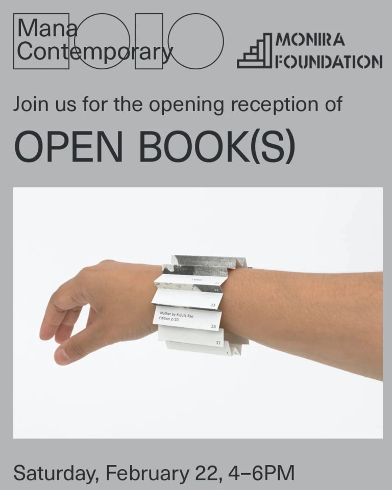 exhibition announcement with event details and a photo of a hand wearing a bracelet made in the form of a cylindrical accordion-fold book. 