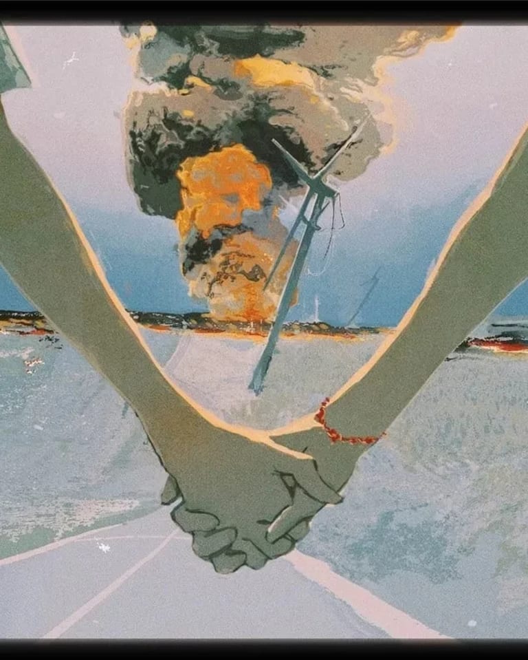 A digital drawing showing a closeup of two figures holding hands in the foreground, against a backdrop of a long roadway and an explosion in the distance.